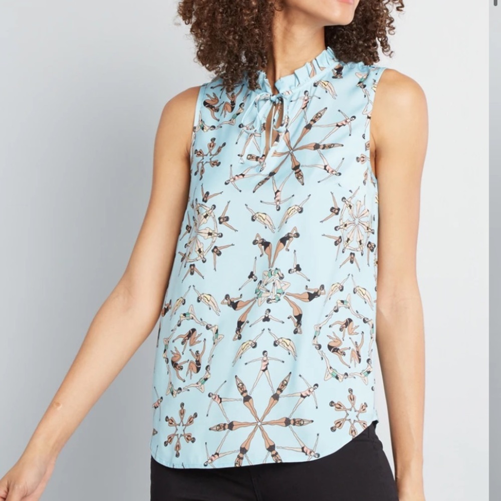 ModCloth Light Blue Sleeveless Ruffle Tie Neck Printed Blouse